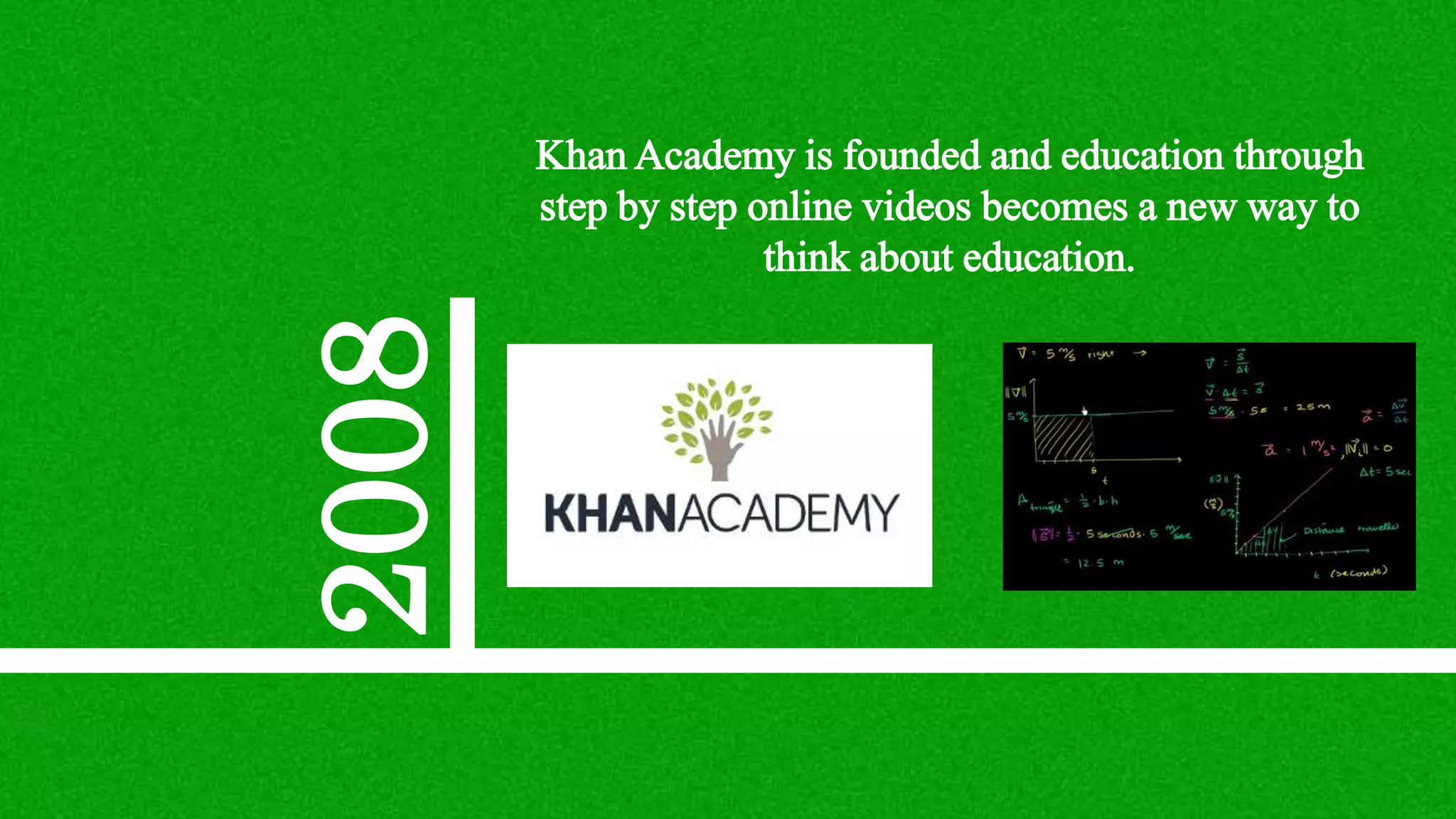 2008
Khan Academy is founded and education through
step by step online videos becomes a new way to
think about education.
 