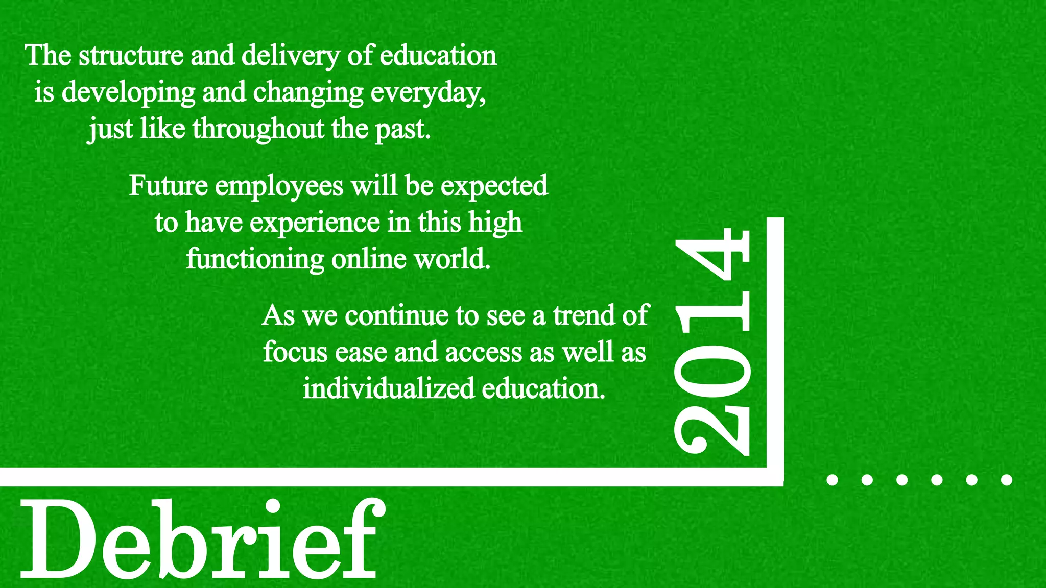 2014
……
The structure and delivery of education
is developing and changing everyday,
just like throughout the past.
Future employees will be expected
to have experience in this high
functioning online world.
As we continue to see a trend of
focus ease and access as well as
individualized education.
Debrief
 