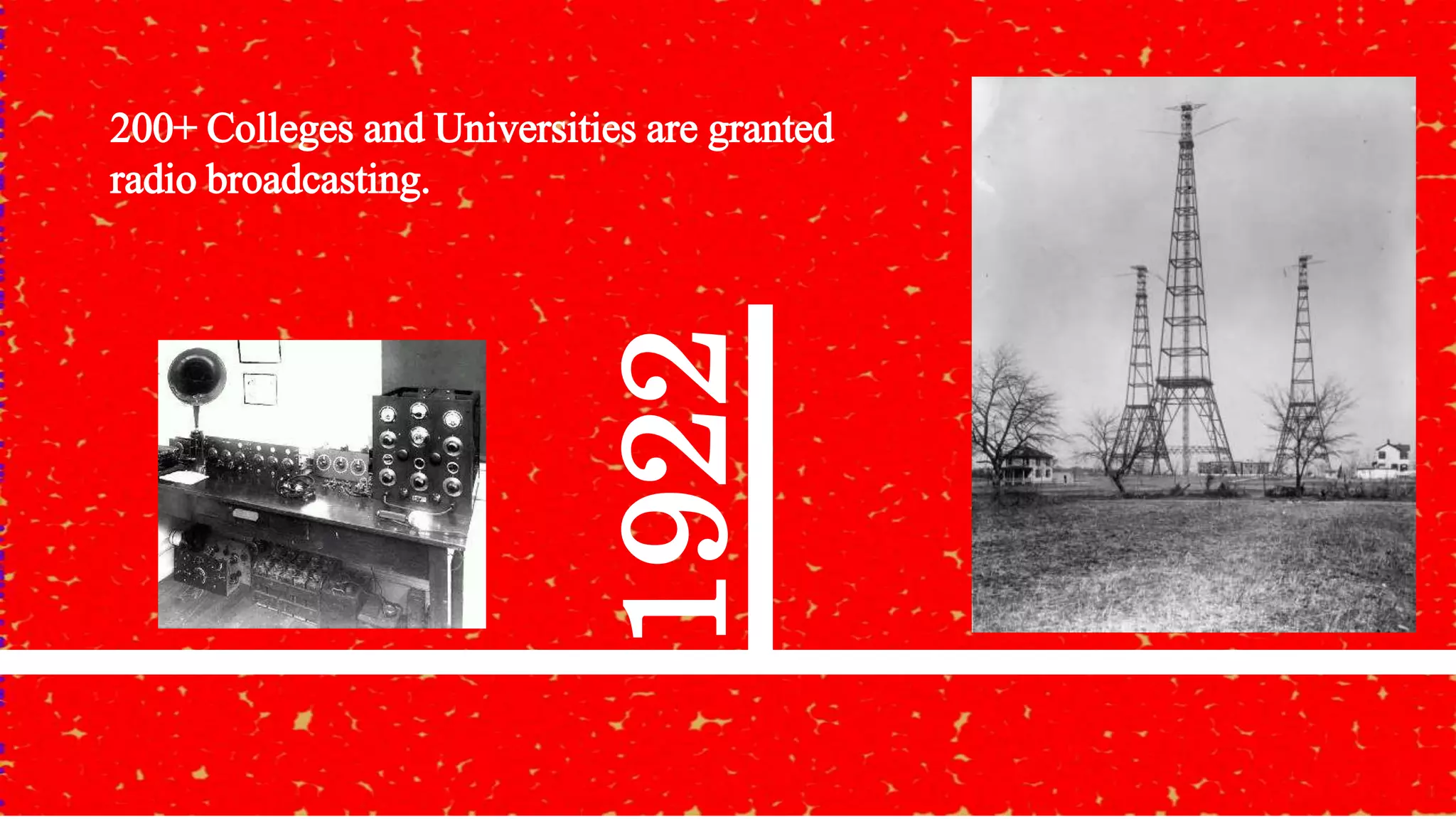 1922
200+ Colleges and Universities are granted
radio broadcasting.
 