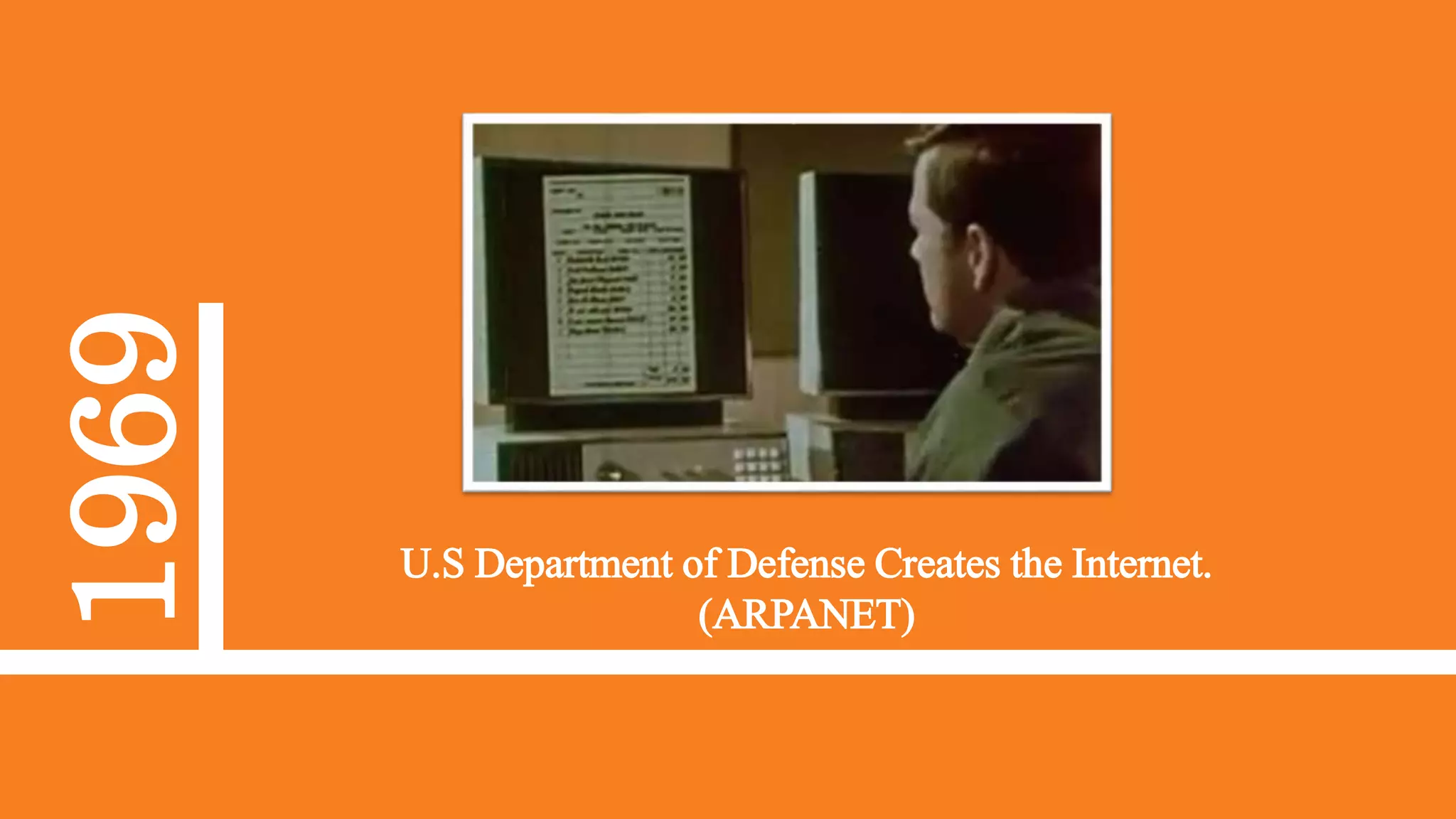 1969
U.S Department of Defense Creates the Internet.
(ARPANET)
 