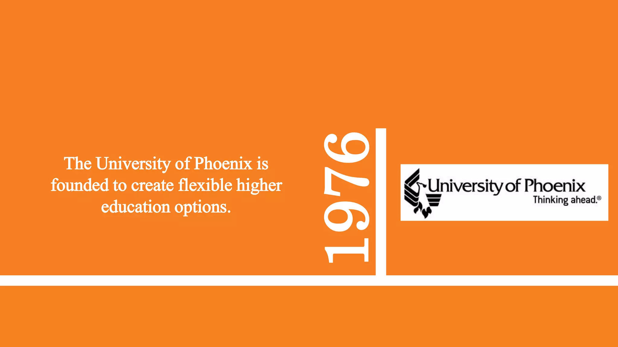1976
The University of Phoenix is
founded to create flexible higher
education options.
 