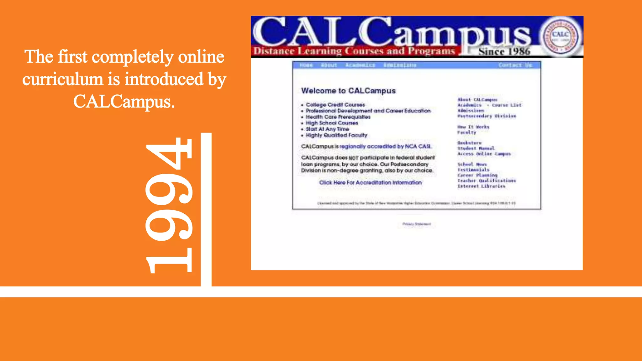 1994
The first completely online
curriculum is introduced by
CALCampus.
 