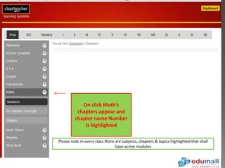 On click Math’s
          chapters appear and
         chapter name Number
             is highlighted

Please note in every class there are subjects, chapters & topics highlighted that shall
                                 have active modules
 