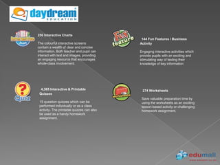 250 Interactive Charts
                                             144 Fun Features / Business
The colourful interactive screens           Activity
contain a wealth of clear and concise
information. Both teacher and pupil can     Engaging interactive activities which
interact with text and images, providing    provide pupils with an exciting and
an engaging resource that encourages        stimulating way of testing their
whole-class involvement.                    knowledge of key information




  4,365 Interactive & Printable              274 Worksheets
 Quizzes
                                             Save valuable preparation time by
 15 question quizzes which can be            using the worksheets as an exciting
 performed individually or as a class        lesson-based activity or challenging
 activity. The printable quizzes can also    homework assignment.
 be used as a handy homework
 assignment.
 