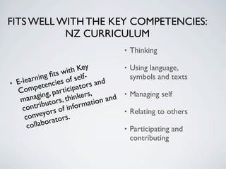 FITS WELL WITH THE KEY COMPETENCIES:
           NZ CURRICULUM
                                     •   Thinking

                        th  Key       • Using language,
           ing ﬁ  ts wi elf-            symbols and texts
       arn             of s
• E-le petencies                s and
   Com ng, partici        pator
         a gi               kers,     • Managing self
   man utors, thin ation and
    co  ntrib            nform
              yor s of i              • Relating to others
     c onve ators.
      col labor
                                      • Participating and
                                        contributing
 