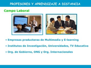Empresas productoras de Multimedia y E-learning Institutos de Investigación, Universidades, TV Educativa Org. de Gobierno, ONG y Org. Internacionales Campo Laboral P ROFESORE S Y APRENDIZAJE A DISTANCIA 