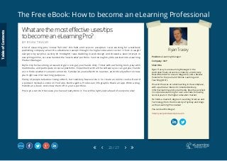 The Free eBook: How to become an eLearning Professional
23 / 27
Ryan Tracey
Position: eLearning Manager
Company: AMP
Short Bio
Ryan Tracey is an eLearning Manager in the
Australian financial services industry, an Advisory
Board Member for eLearn Magazine, and a Review
Panelist for the Journal of Online Learning and
Teaching (JOLT).
His work focuses on adult learning in the workplace,
with a particular interest in blended delivery,
informal learning and social media. Ryan has worked
in corporate eLearning for over a decade, following
several years in the higher education market.
He holds a master’s degree in Learning Sciences and
Technology from the University of Sydney and blogs
as the eLearning Provocateur
You can read his blog at:
http://ryan2point0.wordpress.com
Whatarethemosteffectiveuses/tips
tobecomeaneLearningPro?
B Y R Y A N T R A C E Y
A lot of eLearning pros I know “fell into” this field and I was no exception. I was working for a textbook
publishing company when the eRevolution swept through the higher education sector. I think it caught
everyone by surprise. Luckily (in hindsight) I was dabbling in web design and showed a keen interest in
everything online, so I was handed the “new media” portfolio. Soon enough my title evolved into eLearning
Product Manager.
My hot tip for becoming an eLearning pro is to get your hands dirty. Tinker with authoring tools, play with
multimedia, and participate on social platforms. Experiment with all the software you can get your hands
on, to find out what it can and cannot do. Familiarize yourself with its nuances, and critically reflect on how
you might use it for learning purposes.
Plenty of people talk about using edtech, but relatively few ever do it. So create an online course. Record
a podcast. Upload a video on YouTube. Build a game. Produce an infographic. Make an app. Write a blog.
Publish an e-book. And show them off in your e-portfolio.
Prove you can do it because you have already done it. You will be light years ahead of everyone else!
TableofContents
 