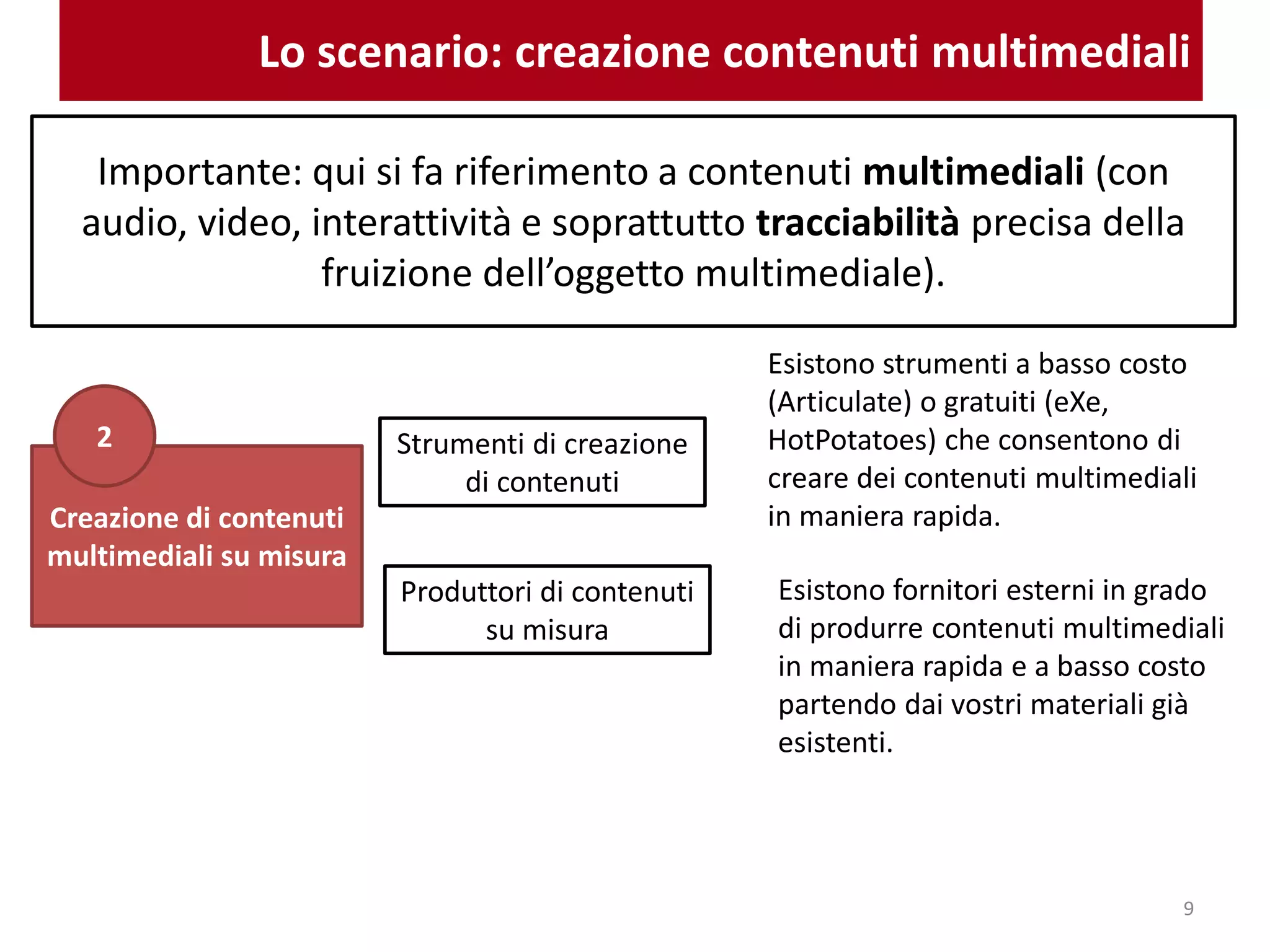 Lo scenario: creazione contenuti multimediali
Creazione di contenuti
multimediali su misura
2 Strumenti di creazione
di contenuti
Produttori di contenuti
su misura
Esistono strumenti a basso costo
(Articulate) o gratuiti (eXe,
HotPotatoes) che consentono di
creare dei contenuti multimediali
in maniera rapida.
Importante: qui si fa riferimento a contenuti multimediali (con
audio, video, interattività e soprattutto tracciabilità precisa della
fruizione dell’oggetto multimediale).
Esistono fornitori esterni in grado
di produrre contenuti multimediali
in maniera rapida e a basso costo
partendo dai vostri materiali già
esistenti.
9
 
