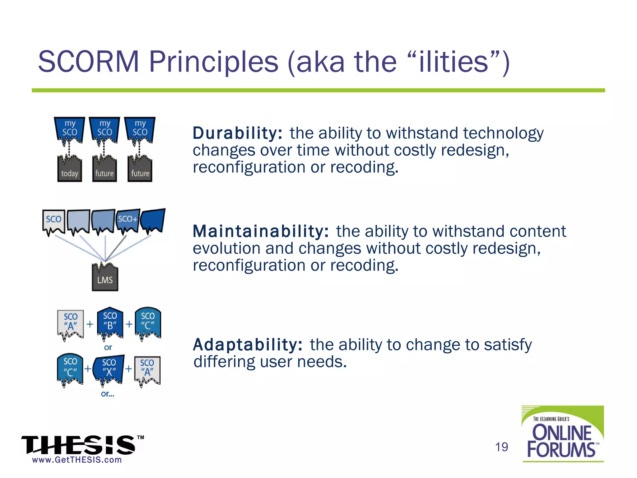 SCORM Principles (aka the “ilities”)

                    Durability: the ability to withstand technology
                    changes over time without costly redesign,
                    reconfiguration or recoding.


                    Maintainability: the ability to withstand content
                    evolution and changes without costly redesign,
                    reconfiguration or recoding.



                    Adaptability: the ability to change to satisfy
                    differing user needs.



                                                            19
www.GetTHESIS.com
 