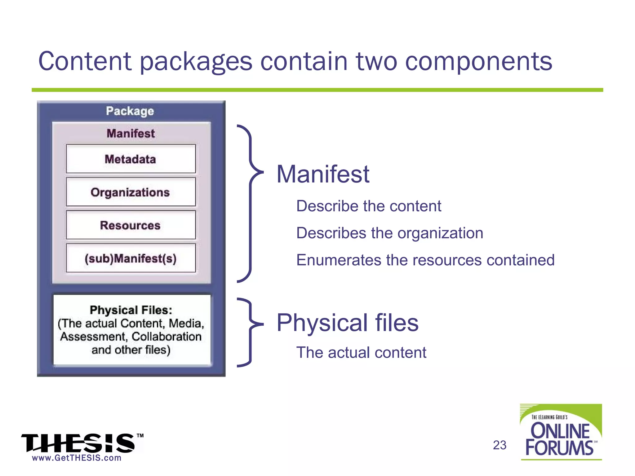 Content packages contain two components


                    Manifest
                     Describe the content
                     Describes the organization
                     Enumerates the resources contained



                    Physical files
                     The actual content




                                                  23
www.GetTHESIS.com
 