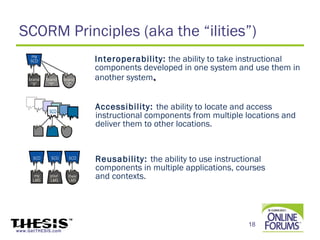 SCORM Principles (aka the “ilities”)
                    Interoperability: the ability to take instructional
                    components developed in one system and use them in
                    another system.


                    Accessibility: the ability to locate and access
                    instructional components from multiple locations and
                    deliver them to other locations.


                    Reusability: the ability to use instructional
                    components in multiple applications, courses
                    and contexts.




                                                            18
www.GetTHESIS.com
 