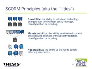 SCORM Principles (aka the “ilities”)

                    Durability: the ability to withstand technology
                    changes over time without costly redesign,
                    reconfiguration or recoding.


                    Maintainability: the ability to withstand content
                    evolution and changes without costly redesign,
                    reconfiguration or recoding.



                    Adaptability: the ability to change to satisfy
                    differing user needs.



                                                            19
www.GetTHESIS.com
 
