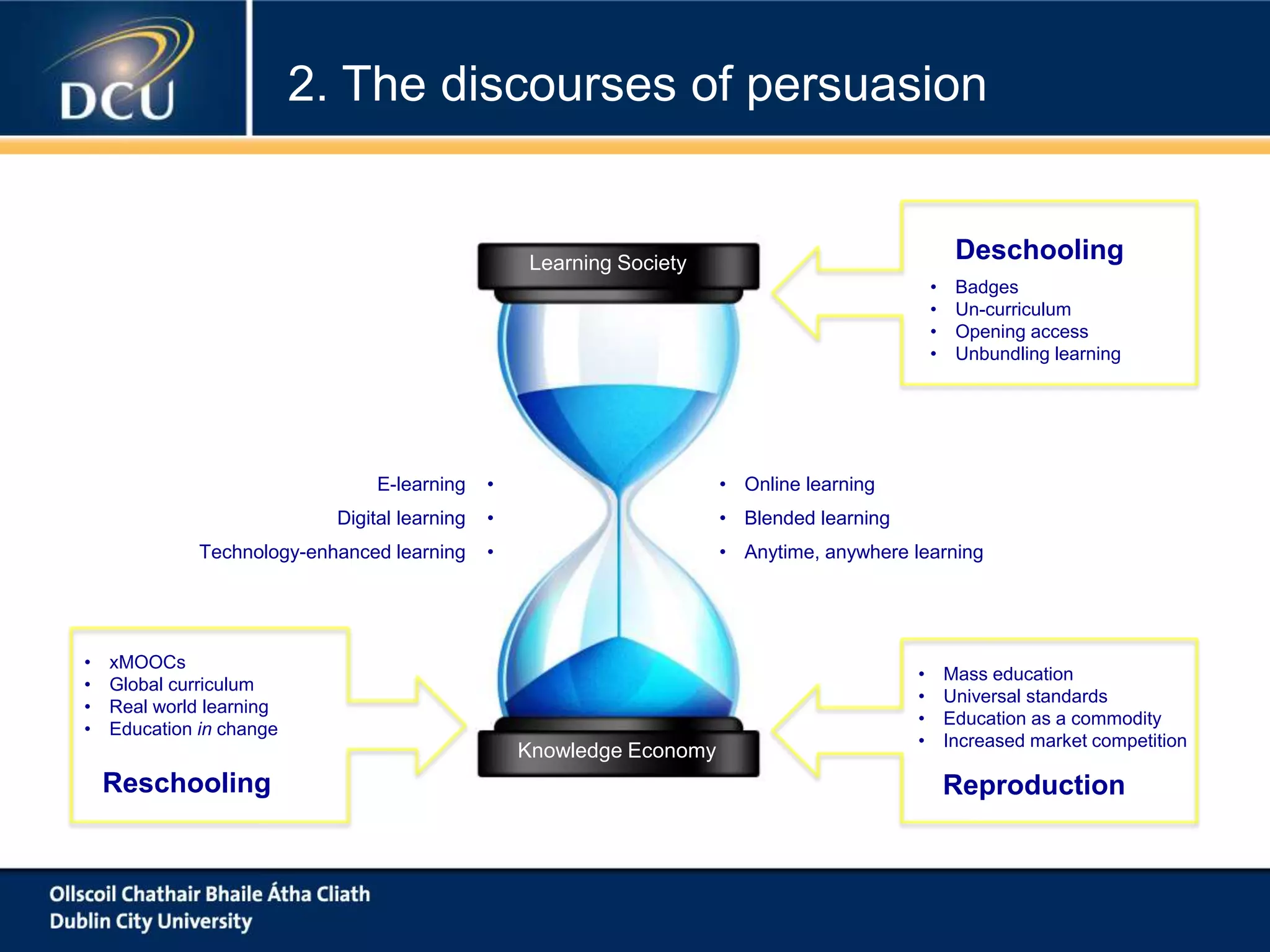 Learning Society
Knowledge Economy
Deschooling
Reschooling Reproduction
• xMOOCs
• Global curriculum
• Real world learning
• Education in change
• Mass education
• Universal standards
• Education as a commodity
• Increased market competition
• Online learning
• Blended learning
• Anytime, anywhere learning
E-learning •
Digital learning •
Technology-enhanced learning •
• Badges
• Un-curriculum
• Opening access
• Unbundling learning
2. The discourses of persuasion
 