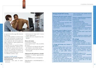 E-LEARNING INNOVATIVA




                                                                                                                                                                                                                                                          D I G I T A L E
                                                                                                                           Vantaggi principali dell’e-learning                              minimo di interazione umana, ingrediente vitale del
                                                                                                                                                                                            processo di apprendimento.
                                                                                                                           a) Eliminazione delle barriere spaziali e temporali
                                                                                                                           Con l’avvento della tecnologia abilitante, la formazione       Riepilogando, i vantaggi dell’e-learning per l’insegnante e
                                                                                                                           non deve più avvenire necessariamente in un determinato        per l’azienda si possono così riassumere:
                                                                                                                           luogo e in un determinato momento, con tutti i vantaggi        • minori costi totali;
                                                                                                                           che questo comporta:                                           • tempo di apprendimento ridotto;
                                                                                                                           • organizzare i tempi del proprio apprendimento sulla          • apprendimento che dura nel tempo;




                                                                                                                                                                                                                                                          I N N O V A Z I O N E
                                                                                                                             base degli impegni professionali;                            • contenuti uguali per tutti e gestibili nel tempo;
I N N O V A Z I O N E




                                                                                                                           • risparmiare costi e tempi, evitando spostamenti per          • facilità di monitorare il completamento e il superamento
                                                                                                                             assistere a corsi con un conseguente miglioramento del          di un corso con strumenti automatici.
                                                                                                                             processo formativo.                                          I vantaggi per lo studente si possono invece così riassumere:
                                                                                                                                                                                          • formazione a disposizione “on demand”, cioè in
                                                                                                                           b) L’e-learning consente di migliorare il processo                qualsiasi momento;
                                                                                                                           formativo, rendendolo più efficace ed efficiente               • possibilità di procedere secondo il proprio ritmo di
                                                                                                                           Pone lo studente in condizione attiva con autonomia ed            apprendimento;
                        de opportunità offerta oggi dalle soluzioni      • eliminazione di “tempi morti” in aula e         assunzione di responsabilità; inoltre, prende in               • interattività;
                        di e-learning.                                     di spese organizzative;                         considerazione le differenze individuali senza restrizioni     • il materiale a disposizione per consultazione o rapido
                        Molte aziende produttrici sia di beni che di     • riutilizzo dei corsi o di parti di essi (mo-    temporali e spaziali. Risulta quindi più semplice realizzare      aggiornamento (riduce il peso di “imparare la lezione”).
                        servizi sono pienamente consapevoli del            dularità).                                      percorsi formativi personalizzati che consentano alle
                        ruolo della formazione nel generare risorse                                                        persone di esprimere le proprie capacità e potenzialità.       Gli svantaggi
                                                                                                                           L’ interattività e lo sviluppo di un processo collaborativo    Gli svantaggi per docenti e struttura:
                        umane qualificate, oltre che un solido van-      Efficacia del metodo:
                                                                                                                           sono caratteristiche molto importanti.                         • investimenti iniziali, a volte consistenti;
                        taggio competitivo e, quindi, profitti elevati   • everywhere & anytime;
                                                                                                                                                                                          • problemi tecnologici (compatibilità con software e
                        nel lungo periodo.                               • bassi requisiti iniziali ¦ alta accessibilità
                                                                                                                           c) Vantaggi dell’e-learning come strumento di                    hardware già esistente, investimenti in nuovo software e
                        L’e-learning, con la sua capacità di integra-    del mezzo;                                                                                                         hardware ecc.);
                                                                                                                           apprendimento
                        re materiali multimediali, conferenze on li-     • la qualità del corso dipende dalla qualità      • Essa offre la possibilità di adattarsi ai diversi stili di   • compatibilità con i contenuti; alcuni argomenti possono
                        ne, modalità di comunicazione sincrone e            dei contenuti e non da fattori esterni;
D I G I T A L E




                                                                                                                             apprendimento degli allievi (visivo, auditivo e visuale        non essere adatti per l’insegnamento con l’e-learning;
                        asincrone, di condividere documenti e di         • personalizzazione dei percorsi formativi          dinamico, ecc…). Presenta il vantaggio di formare, a         • capacità e competenze tecnologiche; alcuni utenti
                        sostenere attività di gruppo, è certamente la       (learning path).                                 costi minori, un grande pubblico distribuito                   possono non essere bendisposti verso i computer, la
                        tecnologia in grado di potenziare, e in certi                                                        geograficamente.                                               tecnologia, ecc.
                        casi addirittura sostituire, l’aula.             Miglioramento delle performance aziendali:        • Si adatta alla velocità di apprendimento del singolo, che    Gli svantaggi per lo studente sono invece:
                                                                         • workforce in continuo aggiornamento,              può gestire in autonomia, in funzione della propria          • possibile avversione allo strumento, o indisponibilità
                                                                                                                             velocità di apprendimento, la tempistica del corso senza       della tecnologia necessaria;
                        E-learning in azienda, perché?                     competenza;
                                                                                                                             alcuna ripercussione sui “colleghi” di corso.                • portabilità della formazione: i computer non sono ancora
                        Abbattimento dei costi legati all’aggiorna-      • responsabilizzazione e coinvolgimento.
                                                                                                                           • È possibile tramite strumenti di comunicazione come            adeguati per essere maneggevoli e consultabili ovunque;
                        mento professionale:                                                                                                                                              • aula virtuale; interazione ridotta con altri studenti,
                                                                                                                             forum, chat, email e teleconferenza avere sessioni di
                        • banalmente, meno spese di trasfer-             PERFORMANCE ¦ AGGIORNAMENTO ¦                                                                                      spersonalizzazione.
                                                                                                                             apprendimento collaborativo, ripristinando, quindi, quel
                          ta/missione;                                   ESPERIENZA

16                                                                                                                                                                                                                                                                 17
 