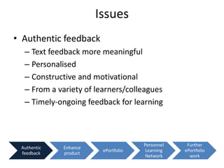 Issues
• Authentic feedback
  – Text feedback more meaningful
  – Personalised
  – Constructive and motivational
  – From a variety of learners/colleagues
  – Timely-ongoing feedback for learning



                                     Personnel    Further
 Authentic   Enhance
                        ePortfolio    Learning   ePortfolio
 feedback    product
                                      Network      work
 