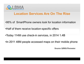 Location Services Are On The Rise

• 95% of SmartPhone owners look for location information

• Half of them receive location-specific offers

• Today 114M use check-in services, in 2014 1.4B

• In 2011 48M people accessed maps on their mobile phone

                                           Source: LBMA/Forrester
 