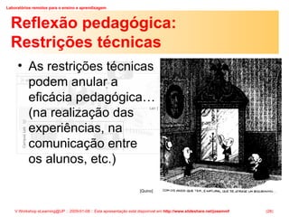 Reflexão pedagógica: Restrições técnicas As restrições técnicas podem anular a eficácia pedagógica… (na realização das experiências, na comunicação entre os alunos, etc.) [Quino] 