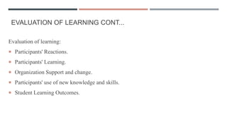 EVALUATION OF LEARNING CONT...
Evaluation of learning:
 Participants' Reactions.
 Participants' Learning.
 Organization Support and change.
 Participants' use of new knowledge and skills.
 Student Learning Outcomes.
 