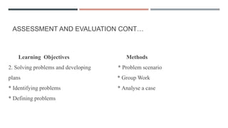 ASSESSMENT AND EVALUATION CONT…
Learning Objectives Methods
2. Solving problems and developing * Problem scenario
plans * Group Work
* Identifying problems * Analyse a case
* Defining problems
 