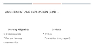 ASSESSMENT AND EVALUATION CONT…
Learning Objectives Methods
6. Communicating * Written
* One and two-way Presentation (essay, report).
communication
 