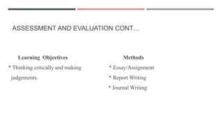 ASSESSMENT AND EVALUATION CONT…
Learning Objectives Methods
* Thinking critically and making * Essay/Assignment
judgements. * Report Writing
* Journal Writing
 