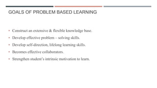 GOALS OF PROBLEM BASED LEARNING
 Construct an extensive & flexible knowledge base.
 Develop effective problem – solving skills.
 Develop self-direction, lifelong learning skills.
 Becomes effective collaborators.
 Strengthen student’s intrinsic motivation to learn.
 
