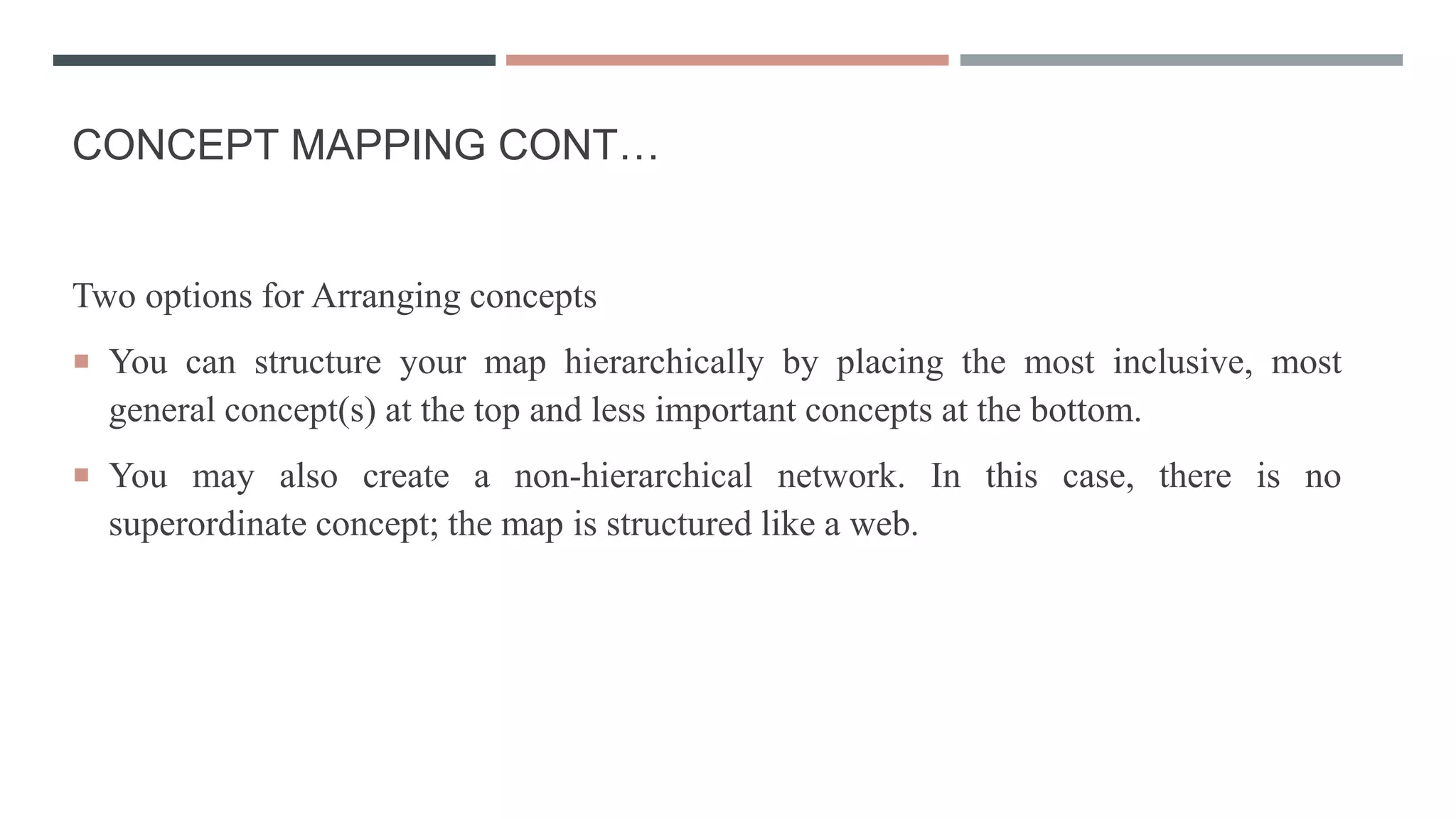 CONCEPT MAPPING CONT…
Two options for Arranging concepts
 You can structure your map hierarchically by placing the most inclusive, most
general concept(s) at the top and less important concepts at the bottom.
 You may also create a non-hierarchical network. In this case, there is no
superordinate concept; the map is structured like a web.
 