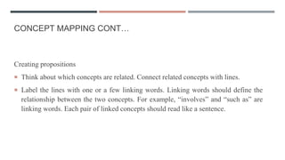 CONCEPT MAPPING CONT…
Creating propositions
 Think about which concepts are related. Connect related concepts with lines.
 Label the lines with one or a few linking words. Linking words should define the
relationship between the two concepts. For example, “involves” and “such as” are
linking words. Each pair of linked concepts should read like a sentence.
 