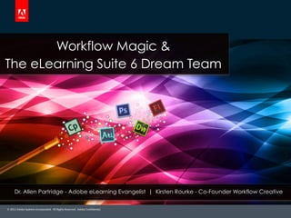 Workflow Magic &
The eLearning Suite 6 Dream Team




     Dr. Allen Partridge - Adobe eLearning Evangelist | Kirsten Rourke - Co-Founder Workflow Creative

© 2012 Adobe Systems Incorporated. All Rights Reserved. Adobe Confidential.
 