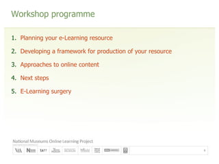 Workshop programme Planning your e-Learning resource Developing a framework for production of your resource Approaches to online content Next steps E-Learning surgery 