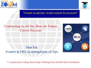 Virtual Academic Achievement Ecosystem*



Connecting to All the Dots for Future
          Career Success



              Matt Fok
 Founder & CEO, eLearningZoom, eZ-Xpo


 * A proposal for College Knowledge Challenge from the Bill Gates Foundation
 