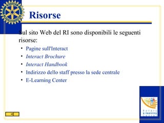 Risorse Sul sito Web del RI sono disponibili le seguenti risorse: Pagine sull'Interact Interact Brochure Interact Handbook Indirizzo dello staff presso la sede centrale E-Learning Center 
