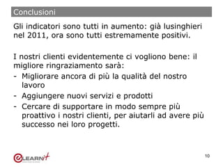 Conclusioni
Gli indicatori sono tutti in aumento: già lusinghieri
nel 2011, ora sono tutti estremamente positivi.
I nostri clienti evidentemente ci vogliono bene: il
migliore ringraziamento sarà:
- Migliorare ancora di più la qualità del nostro
lavoro
- Aggiungere nuovi servizi e prodotti
- Cercare di supportare in modo sempre più
proattivo i nostri clienti, per aiutarli ad avere più
successo nei loro progetti.
10
 