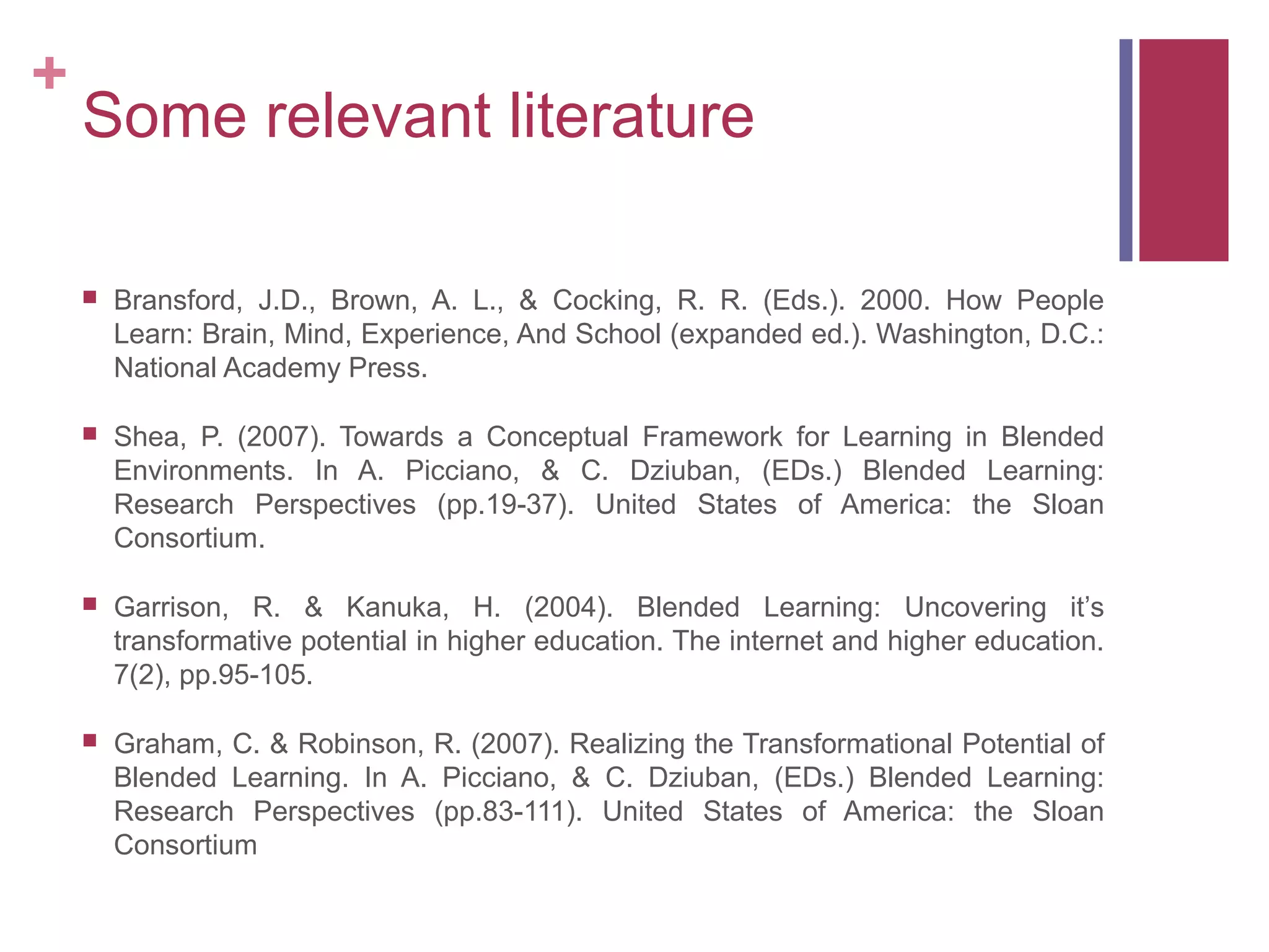+
    Some relevant literature

       Bransford, J.D., Brown, A. L., & Cocking, R. R. (Eds.). 2000. How People
        Learn: Brain, Mind, Experience, And School (expanded ed.). Washington, D.C.:
        National Academy Press.

       Shea, P. (2007). Towards a Conceptual Framework for Learning in Blended
        Environments. In A. Picciano, & C. Dziuban, (EDs.) Blended Learning:
        Research Perspectives (pp.19-37). United States of America: the Sloan
        Consortium.

       Garrison, R. & Kanuka, H. (2004). Blended Learning: Uncovering it’s
        transformative potential in higher education. The internet and higher education.
        7(2), pp.95-105.

       Graham, C. & Robinson, R. (2007). Realizing the Transformational Potential of
        Blended Learning. In A. Picciano, & C. Dziuban, (EDs.) Blended Learning:
        Research Perspectives (pp.83-111). United States of America: the Sloan
        Consortium
 