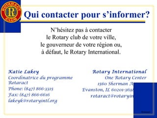Qui contacter pour s’informer? 
Rotaract 
N’hésitez pas à contacter 
le Rotary club de votre ville, 
le gouverneur de votre région ou, 
à défaut, le Rotary International. 
Katie Lakey 
Coordinatrice du programme 
Rotaract 
Phone: (847) 866-3315 
Fax: (847) 866-6616 
lakeyk@rotaryintl.org 
Rotary International 
One Rotary Center 
1560 Sherman Avenue 
Evanston, IL 60201-3698 USA 
rotaract@rotaryintl.org 
