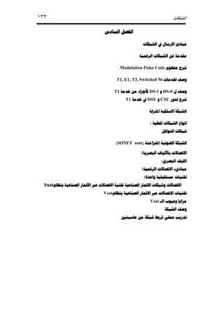 ª١٣٣
‫ﺍﻟﺴﺎﺩﺱ‬ ‫ﺍﻟﻔﺼﻞ‬‫ﺍﻟﺴﺎﺩﺱ‬ ‫ﺍﻟﻔﺼﻞ‬‫ﺍﻟﺴﺎﺩﺱ‬ ‫ﺍﻟﻔﺼﻞ‬‫ﺍﻟﺴﺎﺩﺱ‬ ‫ﺍﻟﻔﺼﻞ‬
‫ﺍﻟﺸﺒﻜﺎﺕ‬ ‫ﰲ‬ ‫ﺍﻻﺭﺳﺎﻝ‬ ‫ﻣﺒﺎﺩﺉ‬‫ﺍﻟﺸﺒﻜﺎﺕ‬ ‫ﰲ‬ ‫ﺍﻻﺭﺳﺎﻝ‬ ‫ﻣﺒﺎﺩﺉ‬‫ﺍﻟﺸﺒﻜﺎﺕ‬ ‫ﰲ‬ ‫ﺍﻻﺭﺳﺎﻝ‬ ‫ﻣﺒﺎﺩﺉ‬‫ﺍﻟﺸﺒﻜﺎﺕ‬ ‫ﰲ‬ ‫ﺍﻻﺭﺳﺎﻝ‬ ‫ﻣﺒﺎﺩﺉ‬
‫ﺍﻟﺮﻗﻤﻴﺔ‬ ‫ﺍﻟﺸﺒﻜﺎﺕ‬ ‫ﻋﻦ‬ ‫ﻣﻘﺪﻣﺔ‬‫ﺍﻟﺮﻗﻤﻴﺔ‬ ‫ﺍﻟﺸﺒﻜﺎﺕ‬ ‫ﻋﻦ‬ ‫ﻣﻘﺪﻣﺔ‬‫ﺍﻟﺮﻗﻤﻴﺔ‬ ‫ﺍﻟﺸﺒﻜﺎﺕ‬ ‫ﻋﻦ‬ ‫ﻣﻘﺪﻣﺔ‬‫ﺍﻟﺮﻗﻤﻴﺔ‬ ‫ﺍﻟﺸﺒﻜﺎﺕ‬ ‫ﻋﻦ‬ ‫ﻣﻘﺪﻣﺔ‬....
‫ﻣﻔﻬﻮﻡ‬ ‫ﺷﺮﺡ‬‫ﻣﻔﻬﻮﻡ‬ ‫ﺷﺮﺡ‬‫ﻣﻔﻬﻮﻡ‬ ‫ﺷﺮﺡ‬‫ﻣﻔﻬﻮﻡ‬ ‫ﺷﺮﺡ‬Pulse CodeModulation....
‫ﳋﺪﻣﺎﺕ‬ ‫ﻭﺻﻒ‬‫ﳋﺪﻣﺎﺕ‬ ‫ﻭﺻﻒ‬‫ﳋﺪﻣﺎﺕ‬ ‫ﻭﺻﻒ‬‫ﳋﺪﻣﺎﺕ‬ ‫ﻭﺻﻒ‬T1, E1, T3, Switched 56....
‫ﻝ‬ ‫ﻭﺻﻒ‬‫ﻝ‬ ‫ﻭﺻﻒ‬‫ﻝ‬ ‫ﻭﺻﻒ‬‫ﻝ‬ ‫ﻭﺻﻒ‬DS-0‫ﻭ‬‫ﻭ‬‫ﻭ‬‫ﻭ‬DS-1‫ﺧﺪﻣﺔ‬ ‫ﻣﻦ‬ ‫ﻛﺄﺟﺰﺍء‬‫ﺧﺪﻣﺔ‬ ‫ﻣﻦ‬ ‫ﻛﺄﺟﺰﺍء‬‫ﺧﺪﻣﺔ‬ ‫ﻣﻦ‬ ‫ﻛﺄﺟﺰﺍء‬‫ﺧﺪﻣﺔ‬ ‫ﻣﻦ‬ ‫ﻛﺄﺟﺰﺍء‬T1....
‫ﻟﺪﻭﺭ‬ ‫ﺷﺮﺡ‬‫ﻟﺪﻭﺭ‬ ‫ﺷﺮﺡ‬‫ﻟﺪﻭﺭ‬ ‫ﺷﺮﺡ‬‫ﻟﺪﻭﺭ‬ ‫ﺷﺮﺡ‬CSU‫ﻭ‬‫ﻭ‬‫ﻭ‬‫ﻭ‬DSU‫ﺧﺪﻣﺔ‬ ‫ﰲ‬‫ﺧﺪﻣﺔ‬ ‫ﰲ‬‫ﺧﺪﻣﺔ‬ ‫ﰲ‬‫ﺧﺪﻣﺔ‬ ‫ﰲ‬T1....
‫ﺍﳌﻨﺰﻟﺔ‬ ‫ﺍﻻﺳﻠﻜﻴﺔ‬ ‫ﺍﻟﺸﺒﻜﺔ‬‫ﺍﳌﻨﺰﻟﺔ‬ ‫ﺍﻻﺳﻠﻜﻴﺔ‬ ‫ﺍﻟﺸﺒﻜﺔ‬‫ﺍﳌﻨﺰﻟﺔ‬ ‫ﺍﻻﺳﻠﻜﻴﺔ‬ ‫ﺍﻟﺸﺒﻜﺔ‬‫ﺍﳌﻨﺰﻟﺔ‬ ‫ﺍﻻﺳﻠﻜﻴﺔ‬ ‫ﺍﻟﺸﺒﻜﺔ‬
‫ﺍﶈﻠﻴﺔ‬ ‫ﺍﻟﺸﺒﻜﺎﺕ‬ ‫ﺍﻧﻮﺍﻉ‬‫ﺍﶈﻠﻴﺔ‬ ‫ﺍﻟﺸﺒﻜﺎﺕ‬ ‫ﺍﻧﻮﺍﻉ‬‫ﺍﶈﻠﻴﺔ‬ ‫ﺍﻟﺸﺒﻜﺎﺕ‬ ‫ﺍﻧﻮﺍﻉ‬‫ﺍﶈﻠﻴﺔ‬ ‫ﺍﻟﺸﺒﻜﺎﺕ‬ ‫ﺍﻧﻮﺍﻉ‬:
‫ﺍﻟﻨﻮﺍﻓﻞ‬ ‫ﺷﺒﻜﺎﺕ‬‫ﺍﻟﻨﻮﺍﻓﻞ‬ ‫ﺷﺒﻜﺎﺕ‬‫ﺍﻟﻨﻮﺍﻓﻞ‬ ‫ﺷﺒﻜﺎﺕ‬‫ﺍﻟﻨﻮﺍﻓﻞ‬ ‫ﺷﺒﻜﺎﺕ‬
‫ﺍﳌﺘﺰﺍﻣﻨﺔ‬ ‫ﺍﻟﻀﻮﺋﻴﺔ‬ ‫ﺍﻟﺸﺒﻜﺔ‬‫ﺍﳌﺘﺰﺍﻣﻨﺔ‬ ‫ﺍﻟﻀﻮﺋﻴﺔ‬ ‫ﺍﻟﺸﺒﻜﺔ‬‫ﺍﳌﺘﺰﺍﻣﻨﺔ‬ ‫ﺍﻟﻀﻮﺋﻴﺔ‬ ‫ﺍﻟﺸﺒﻜﺔ‬‫ﺍﳌﺘﺰﺍﻣﻨﺔ‬ ‫ﺍﻟﻀﻮﺋﻴﺔ‬ ‫ﺍﻟﺸﺒﻜﺔ‬))))sontSONET((((
‫ﺍﻟﺒﺼﺮﻳﺔ‬ ‫ﺑﺎﻷﻟﻴﺎﻑ‬ ‫ﺍﻻﺗﺼﺎﻻﺕ‬‫ﺍﻟﺒﺼﺮﻳﺔ‬ ‫ﺑﺎﻷﻟﻴﺎﻑ‬ ‫ﺍﻻﺗﺼﺎﻻﺕ‬‫ﺍﻟﺒﺼﺮﻳﺔ‬ ‫ﺑﺎﻷﻟﻴﺎﻑ‬ ‫ﺍﻻﺗﺼﺎﻻﺕ‬‫ﺍﻟﺒﺼﺮﻳﺔ‬ ‫ﺑﺎﻷﻟﻴﺎﻑ‬ ‫ﺍﻻﺗﺼﺎﻻﺕ‬:
‫ﺍﻟﻠﻴﻒ‬‫ﺍﻟﻠﻴﻒ‬‫ﺍﻟﻠﻴﻒ‬‫ﺍﻟﻠﻴﻒ‬‫ﺍﻟﺒﺼﺮﻱ‬‫ﺍﻟﺒﺼﺮﻱ‬‫ﺍﻟﺒﺼﺮﻱ‬‫ﺍﻟﺒﺼﺮﻱ‬:
‫ﺍﻟﺮﻗﻤﻴﺔ‬ ‫ﺍﻻﺗﺼﺎﻻﺕ‬ ‫ﻣﺒﺎﺩﻱء‬‫ﺍﻟﺮﻗﻤﻴﺔ‬ ‫ﺍﻻﺗﺼﺎﻻﺕ‬ ‫ﻣﺒﺎﺩﻱء‬‫ﺍﻟﺮﻗﻤﻴﺔ‬ ‫ﺍﻻﺗﺼﺎﻻﺕ‬ ‫ﻣﺒﺎﺩﻱء‬‫ﺍﻟﺮﻗﻤﻴﺔ‬ ‫ﺍﻻﺗﺼﺎﻻﺕ‬ ‫ﻣﺒﺎﺩﻱء‬:
‫ﺗﻘﻨﻴﺎﺕ‬‫ﺗﻘﻨﻴﺎﺕ‬‫ﺗﻘﻨﻴﺎﺕ‬‫ﺗﻘﻨﻴﺎﺕ‬‫ﻣﺴﺘ‬‫ﻣﺴﺘ‬‫ﻣﺴﺘ‬‫ﻣﺴﺘ‬‫ﻭﺍﻋﺪﺓ‬ ‫ﻘﺒﻠﻴﺔ‬‫ﻭﺍﻋﺪﺓ‬ ‫ﻘﺒﻠﻴﺔ‬‫ﻭﺍﻋﺪﺓ‬ ‫ﻘﺒﻠﻴﺔ‬‫ﻭﺍﻋﺪﺓ‬ ‫ﻘﺒﻠﻴﺔ‬:
‫ﺍﻟﺼﻨﺎﻋﻴﺔ‬ ‫ﺍﻻﻗﻤﺎﺭ‬ ‫ﻭﺷﺒﻜﺎﺕ‬ ‫ﺍﻻﺗﺼﺎﻻﺕ‬‫ﺍﻟﺼﻨﺎﻋﻴﺔ‬ ‫ﺍﻻﻗﻤﺎﺭ‬ ‫ﻭﺷﺒﻜﺎﺕ‬ ‫ﺍﻻﺗﺼﺎﻻﺕ‬‫ﺍﻟﺼﻨﺎﻋﻴﺔ‬ ‫ﺍﻻﻗﻤﺎﺭ‬ ‫ﻭﺷﺒﻜﺎﺕ‬ ‫ﺍﻻﺗﺼﺎﻻﺕ‬‫ﺍﻟﺼﻨﺎﻋﻴﺔ‬ ‫ﺍﻻﻗﻤﺎﺭ‬ ‫ﻭﺷﺒﻜﺎﺕ‬ ‫ﺍﻻﺗﺼﺎﻻﺕ‬‫ﺑﻨﻈﺎﻡ‬ ‫ﺍﻟﺼﻨﺎﻋﻴﺔ‬ ‫ﺍﻻﻗﻤﺎﺭ‬ ‫ﻋﱪ‬ ‫ﺍﻻﺗﺼﺎﻻﺕ‬ ‫ﺗﻘﻨﻴﺔ‬‫ﺑﻨﻈﺎﻡ‬ ‫ﺍﻟﺼﻨﺎﻋﻴﺔ‬ ‫ﺍﻻﻗﻤﺎﺭ‬ ‫ﻋﱪ‬ ‫ﺍﻻﺗﺼﺎﻻﺕ‬ ‫ﺗﻘﻨﻴﺔ‬‫ﺑﻨﻈﺎﻡ‬ ‫ﺍﻟﺼﻨﺎﻋﻴﺔ‬ ‫ﺍﻻﻗﻤﺎﺭ‬ ‫ﻋﱪ‬ ‫ﺍﻻﺗﺼﺎﻻﺕ‬ ‫ﺗﻘﻨﻴﺔ‬‫ﺑﻨﻈﺎﻡ‬ ‫ﺍﻟﺼﻨﺎﻋﻴﺔ‬ ‫ﺍﻻﻗﻤﺎﺭ‬ ‫ﻋﱪ‬ ‫ﺍﻻﺗﺼﺎﻻﺕ‬ ‫ﺗﻘﻨﻴﺔ‬Vsat
‫ﺑﻨﻈﺎﻡ‬ ‫ﺍﻟﺼﻨﺎﻋﻴﺔ‬ ‫ﺍﻻﻗﻤﺎﺭ‬ ‫ﻋﱪ‬ ‫ﺍﻻﺗﺼﺎﻻﺕ‬ ‫ﺗﻘﻨﻴﺎﺕ‬‫ﺑﻨﻈﺎﻡ‬ ‫ﺍﻟﺼﻨﺎﻋﻴﺔ‬ ‫ﺍﻻﻗﻤﺎﺭ‬ ‫ﻋﱪ‬ ‫ﺍﻻﺗﺼﺎﻻﺕ‬ ‫ﺗﻘﻨﻴﺎﺕ‬‫ﺑﻨﻈﺎﻡ‬ ‫ﺍﻟﺼﻨﺎﻋﻴﺔ‬ ‫ﺍﻻﻗﻤﺎﺭ‬ ‫ﻋﱪ‬ ‫ﺍﻻﺗﺼﺎﻻﺕ‬ ‫ﺗﻘﻨﻴﺎﺕ‬‫ﺑﻨﻈﺎﻡ‬ ‫ﺍﻟﺼﻨﺎﻋﻴﺔ‬ ‫ﺍﻻﻗﻤﺎﺭ‬ ‫ﻋﱪ‬ ‫ﺍﻻﺗﺼﺎﻻﺕ‬ ‫ﺗﻘﻨﻴﺎﺕ‬Vsat
‫ﺍﻟـ‬ ‫ﻭﻋﻴﻮﺏ‬ ‫ﻣﺰﺍﻳﺎ‬‫ﺍﻟـ‬ ‫ﻭﻋﻴﻮﺏ‬ ‫ﻣﺰﺍﻳﺎ‬‫ﺍﻟـ‬ ‫ﻭﻋﻴﻮﺏ‬ ‫ﻣﺰﺍﻳﺎ‬‫ﺍﻟـ‬ ‫ﻭﻋﻴﻮﺏ‬ ‫ﻣﺰﺍﻳﺎ‬Vsat
‫ﺍﻟﺸﺒﻜﺔ‬ ‫ﻭﺻﻒ‬‫ﺍﻟﺸﺒﻜﺔ‬ ‫ﻭﺻﻒ‬‫ﺍﻟﺸﺒﻜﺔ‬ ‫ﻭﺻﻒ‬‫ﺍﻟﺸﺒﻜﺔ‬ ‫ﻭﺻﻒ‬
‫ﺣﺎﺳﺒﺘﲔ‬ ‫ﻣﻦ‬ ‫ﺷﺒﻜﺔ‬ ‫ﻟﺮﺑﻂ‬ ‫ﻋﻤﻠﻲ‬ ‫ﺗﺪﺭﻳﺐ‬‫ﺣﺎﺳﺒﺘﲔ‬ ‫ﻣﻦ‬ ‫ﺷﺒﻜﺔ‬ ‫ﻟﺮﺑﻂ‬ ‫ﻋﻤﻠﻲ‬ ‫ﺗﺪﺭﻳﺐ‬‫ﺣﺎﺳﺒﺘﲔ‬ ‫ﻣﻦ‬ ‫ﺷﺒﻜﺔ‬ ‫ﻟﺮﺑﻂ‬ ‫ﻋﻤﻠﻲ‬ ‫ﺗﺪﺭﻳﺐ‬‫ﺣﺎﺳﺒﺘﲔ‬ ‫ﻣﻦ‬ ‫ﺷﺒﻜﺔ‬ ‫ﻟﺮﺑﻂ‬ ‫ﻋﻤﻠﻲ‬ ‫ﺗﺪﺭﻳﺐ‬
 