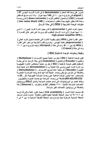 ª١٥٩
( demodulator )( IF
signal )140
( LNA )( down converter )
( low noise block LNB ) .
( ODU )
-( upconverter ))
)(
high power amplifier HPA ) .
-( HPA )(
upconverter )
( HPA ),-6( KU-band )
( C-band ).
( IDU )
( IDU )( Multiplexer )
( Encoder )( modulation )
( IDU )
( demodulation )
( Decoder )( Demultiplexer ) ,
v.35 ,
RS-422,RS-232.
SDLC
bisicx.25( Ethernet ) ,
.
( link availability )
,%
 