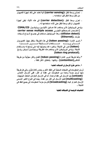 ª٢٩
o(carrier sensing):
.
o(carrier detection):
.
CSMA/CD
(carrier sense multiple access
collision detect)
(Ethernet).
٢.(token passing):
(token)
.
(token ring protocol).
٣.(token passing)
(contention)-.
٤.‫ﺍﻟﺸﺒﻜﺎﺕ‬ ‫ﰲ‬ ‫ﺍﻹﺭﺳﺎﻝ‬ ‫ﻃﺮﻕ‬ ‫ﻫﻲ‬ ‫ﻣﺎ‬
ُ ُ
‫ﺍﶈﻠﻴﺔ؟‬
(unicast)
(multicasting)
(broadcasting)
.
‫ﺍﻟﺸﺒﻜﺎﺕ‬ ‫ﰲ‬ ‫ﺍﻟﺮﺋﻴﺴﺔ‬ ‫ﺍﻟﺘﻘﻨﻴﺎﺕ‬‫ﺍﻟﺸﺒﻜﺎﺕ‬ ‫ﰲ‬ ‫ﺍﻟﺮﺋﻴﺴﺔ‬ ‫ﺍﻟﺘﻘﻨﻴﺎﺕ‬‫ﺍﻟﺸﺒﻜﺎﺕ‬ ‫ﰲ‬ ‫ﺍﻟﺮﺋﻴﺴﺔ‬ ‫ﺍﻟﺘﻘﻨﻴﺎﺕ‬‫ﺍﻟﺸﺒﻜﺎﺕ‬ ‫ﰲ‬ ‫ﺍﻟﺮﺋﻴﺴﺔ‬ ‫ﺍﻟﺘﻘﻨﻴﺎﺕ‬‫ﺍﶈﻠﻴﺔ‬‫ﺍﶈﻠﻴﺔ‬‫ﺍﶈﻠﻴﺔ‬‫ﺍﶈﻠﻴﺔ‬
 
