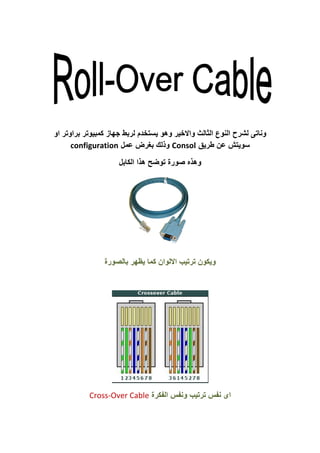 ‫او‬ ‫براوتر‬ ‫كمبيوتر‬ ‫جهاز‬ ‫لربط‬ ‫يستخدم‬ ‫وهو‬ ‫واالخير‬ ‫الثالث‬ ‫النوع‬ ‫لشرح‬ ‫وناتى‬
‫طريق‬ ‫عن‬ ‫سويتش‬Consol‫عمل‬ ‫بغرض‬ ‫وذلك‬configuration
‫الكابل‬ ‫هذا‬ ‫توضح‬ ‫صورة‬ ‫وهذه‬
‫بالصورة‬ ‫يظهر‬ ‫كما‬ ‫االلوان‬ ‫ترتيب‬ ‫ويكون‬
‫الفكرة‬ ‫ونفس‬ ‫ترتيب‬ ‫نفس‬ ‫اى‬Cross-Over Cable
 