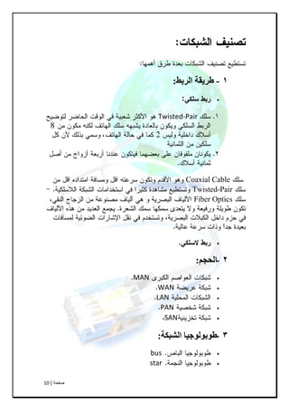 ‫طفحح‬|10
1-‫انربط‬ ‫طرَقة‬:

Twisted-Pair
Coaxial Cable
Twisted-Pair
Fiber Optics

2-‫انحجم‬:
MAN
WAN
LAN
PAN
SAN
3-‫انشبكة‬ ‫طىبىنىجُا‬:
bus
star
 
