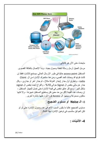 ‫طفحح‬|18
ٌٟ‫واٌرا‬ ٛ٘ ْ٢‫ا‬ ٝ‫حر‬ ‫ِا٠حذز‬:
ً‫ِشس‬ً١ّ‫اٌع‬‫تع١ذج‬ ‫ٚطٛي‬ ‫ٌٕمغح‬ ‫سساٌح‬ ً‫أسس‬,ٜٛ‫اٌمظ‬ ‫تاٌغالح‬ ‫اإلذظاي‬ ‫ٚتذأ‬.
ً‫اٌّسرمث‬access pointْ‫إ‬ ‫ـمظ‬ ‫ٌإلشاسج‬ ‫س١سرّع‬ ٌٟ‫اٌحا‬ ‫اإلسساي‬ ‫عٛس‬ ٟ‫ـ‬ ‫حاٌ١ا‬
ٝ‫ألظ‬ ‫وحذ‬ ‫ٚطٍد‬ ‫لذ‬ ‫لٛذٙا‬ ‫وأد‬,‫سررحشن‬ ‫ٕ٘ا‬ ِٓٚ‫اإلشاسج‬‫اي‬ ِٓClient
radio,‫ظذاس‬ ‫أٚي‬ ‫ٚذخرشق‬(‫ِصال‬ ‫اٌؽشـح‬ ‫ظذاس‬),ٓ٠‫ظذاس‬ ٚ‫أ‬ ‫آخش‬ ‫ظذاس‬ ُ‫ش‬,ً‫ٚو‬
‫اي‬ ‫٠ٕمض‬ ٟٔ‫خشسا‬ ‫ظذاس‬Signalٌٟ‫حٛا‬10%,‫اي‬ ‫٠ٕمض‬ ‫أ٠ضا‬ ‫ٚاٌفشاغ‬signal
‫وث١ش‬ ً‫تشى‬,ً‫اٌّسرمث‬ ‫ٌٍعٙاص‬ ً‫ذظ‬ ٝ‫حر‬ ‫اإلشاسج‬ ‫ل١ّح‬ ٟ‫ـ‬ ‫ٕٔمض‬ ‫عائك‬ ً‫و‬ ‫ِٚع‬,
‫ذّ١١ض٘ا‬ ً‫اٌّسرمث‬ ‫٠سرغ١ع‬ ٍٓ‫ـ‬ ٓ١‫ِع‬ ‫حذ‬ ِٓ ً‫ألل‬ ‫اٌم١ّح‬ ٖ‫٘ز‬ ‫ٚطٍد‬ ْ‫إ‬,‫ـئٔٙا‬ ‫ٚإال‬
‫اي‬ ‫ٚس١عٙض‬ ‫ِسّٛعح‬ ْٛ‫سرى‬Accessٜ‫أخش‬ ‫تئشاسج‬ ‫عٍ١ٙا‬ ‫ٌٍشد‬ ‫ـٛسا‬.
3-‫الـ‬Noise‫الضجُج‬ ‫مستىي‬ ‫أو‬:
ٌُ ٌٛ ٝ‫حر‬ ‫اإلشاسج‬ ‫ٚطٛي‬ َ‫عذ‬ ٟ‫ـ‬ ُ٘‫األ‬ ‫اٌسثة‬ ْٛ‫٠ى‬ ‫ِا‬ ‫ؼاٌثا‬ ‫اٌضع١ط‬ ٜٛ‫ِسر‬
ً‫اٌشى‬ ‫تٙزا‬ ‫اإلشاسج‬ ٓ١٘ٛ‫ذ‬ ٟ‫ـ‬ ‫سررسثة‬ ‫اٌعٛائك‬ ٓ‫ذى‬.
4-‫األنتُنات‬:
 