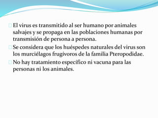 El virus es transmitido al ser humano por animales
salvajes y se propaga en las poblaciones humanas por
transmisión de persona a persona.
Se considera que los huéspedes naturales del virus son
los murciélagos frugívoros de la familia Pteropodidae.
No hay tratamiento específico ni vacuna para las
personas ni los animales.
 