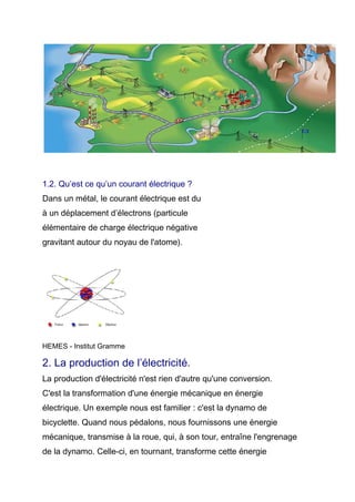 1.2. Qu’est ce qu’un courant électrique ?
Dans un métal, le courant électrique est du
à un déplacement d’électrons (particule
élémentaire de charge électrique négative
gravitant autour du noyau de l'atome).
HEMES - Institut Gramme
2. La production de l’électricité.
La production d'électricité n'est rien d'autre qu'une conversion.
C'est la transformation d'une énergie mécanique en énergie
électrique. Un exemple nous est familier : c'est la dynamo de
bicyclette. Quand nous pédalons, nous fournissons une énergie
mécanique, transmise à la roue, qui, à son tour, entraîne l'engrenage
de la dynamo. Celle-ci, en tournant, transforme cette énergie
 
