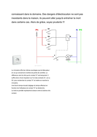 connaissant dans le domaine. Des dangers d'électrocution ne sont pas
inexistants dans la maison, ils peuvent aller jusqu'à entraîner la mort
dans certains cas. Alors de grâce, soyez prudents !!!
La minuterie offre les mêmes avantages que le télerupteur
en ce qui concerne le nombre de points de contrôle. La
différence vient du fait que le contact "k" est temporisé. Il
suffira donc d'une impulsion sur l'un des contacts S1, s2 ou
S3, pour enclencher le contact "k" et mettre en marche la
minuterie.
Une fois le temps écoulé (réglage du temps effectué en
fonction de l'utilisateur),le contact "k" se déclenche.
Le trait en pointillé représente la liaison entre la bobine et le
contact.
 