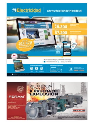 MÁS DE
102.670
PÁGINAS VISTAS
MENSUALMENTE*
* Cifras de Google Analytics, marzo 2015.
LA EDITORIAL TÉCNICA Y DE NEGOCIOS LÍDER DE CHILE www.editec.cl
www.revistaelectricidad.cl
Sitio con
diseño
responsive
Portal web
que se
adapta a
todos los
dispositivos RESPONSIVE DESIGN
Versiónespecial para
MÓVILES
Menú
desplegable
Fácil
lectura
28.300
Usuarios únicos
mensuales
Fuente: promedio mensual,
Google Analytics, marzo 2015.
MÁS DE
57.200
Sesiones mensuales
Fuente: promedio mensual,
Google Analytics, marzo 2015.
MÁS DE
Lea revista Electricidad en:
Mejor sistema de
integración digital
BÚSQUENOS COMO
REVISTA ELECTRICIDAD EN:
Si desea consultar por publicidad, contacte a:
ventas@editec.cl + 56 2 2757 4239
Papel
impreso
Papel
digital
Versión
descargable PDF
Disponible para dispositivos:
Desktop
Tablet
Móvil
AVISO ELEC Medios Digitales 2/3.indd 1 22-06-15 9:50
 