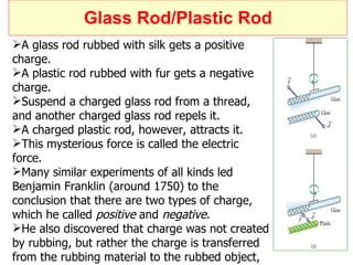 Glass Rod/Plastic Rod A glass rod rubbed with silk gets a positive charge. A plastic rod rubbed with fur gets a negative charge. Suspend a charged glass rod from a thread, and another charged glass rod repels it. A charged plastic rod, however, attracts it. This mysterious force is called the electric force. Many similar experiments of all kinds led Benjamin Franklin (around 1750) to the conclusion that there are two types of charge, which he called  positive  and  negative . He also discovered that charge was not created by rubbing, but rather the charge is transferred from the rubbing material to the rubbed object, or vice versa. 
