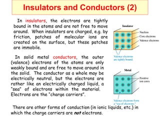 Insulators and Conductors (2) In  insulators , the electrons are tightly bound in the atoms and are not free to move around.  When insulators are charged, e.g. by friction, patches of molecular ions are created on the surface, but these patches are immobile. In solid metal  conductors , the outer (valence) electrons of the atoms are only weakly bound and are free to move around in the solid.  The conductor as a whole may be electrically neutral, but the electrons are rather like an electrically charged liquid, a “sea” of electrons within the material.  Electrons are the “charge carriers”. There are other forms of conduction (in ionic liquids, etc.) in which the charge carriers are  not  electrons. 