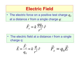 Electric Field
• The electric force on a positive test charge q0
  at a distance r from a single charge q:
                    qq0
               Fe = k 2 rˆ
                      r
• The electric field at a distance r from a single
  charge q:
                                       
        Fe     q
       E=    =k 2 r
                  ˆ              Fe = q0 E
          q0   r
 