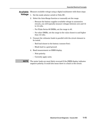 Essential Electrical Concepts


Available   Measure available voltage using a digital multimeter with these steps:
 Voltage    1. Set the mode selector switch to Volts DC.
            2. Select the Auto−Range function or manually set the range.
               − Because the battery supplies available voltage in automotive
                 circuits, you will typically measure voltages between zero and 12
                 to 14 volts.
               − For Fluke Series 80 DMMs, set the range to 40.
               − For other DMMs, set the range to the value closest to and higher
                 than 12 volts.
            3. Connect the voltmeter leads in parallel with the circuit element to
               be tested.
               − Red lead closest to the battery (connect first).
               − Black lead to a good ground.
            4. Read measurement on DMM display.
               − Note polarity.
               − Correctly apply units.

   NOTE     The meter leads are most likely reversed if the DMM display indicates
            negative polarity. It could also mean there is a fault in the circuit.




                                      Electrical Circuit Diagnosis - Course 623       1-15
 