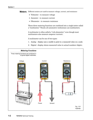 Section 1


                    Meters         Different meters are used to measure voltage, current, and resistance:

                                    • Voltmeter − to measure voltage
                                    • Ammeter − to measure current
                                    • Ohmmeter − to measure resistance

                                   These three metering functions are combined into a single tester called
                                   a multimeter." Nearly all automotive technicians use multimeters.

                                   A multimeter is often called a volt−ohmmeter," even though most
                                   multimeters also measure amperes (current).

                                   A multimeter can be one of two types:
                                   1. Analog − display uses a needle to point to a measured value on a scale.
                                   2. Digital − display shows measured value in actual numbers (digits).


                      Metering Functions
      Three metering functions are combined in
                    a typical digital multimeter.




                                                                                                      Fig. 1-01
                                                                                                      TL623f100c




1-2            TOYOTA Technical Training
 